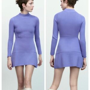 Zara Seamed Mock Neck Long Sleeves Purple Skater Knit  Sweater Dress size M NWOT